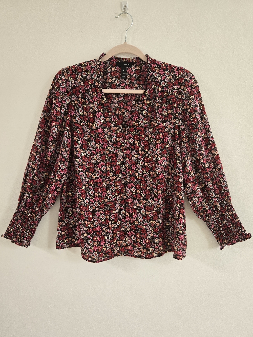 Aqua Pink and Black Floral V-Neck Long Sleeve Blouse Size S